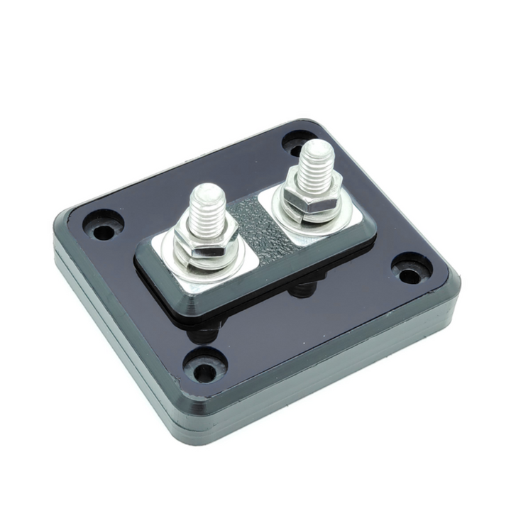 Bloque de distribución SMD UB-1.2 de 2 puntos divididos con herrajes de acero inoxidable/aluminio y cubierta acrílica transparente - Fabricado en EE. UU.