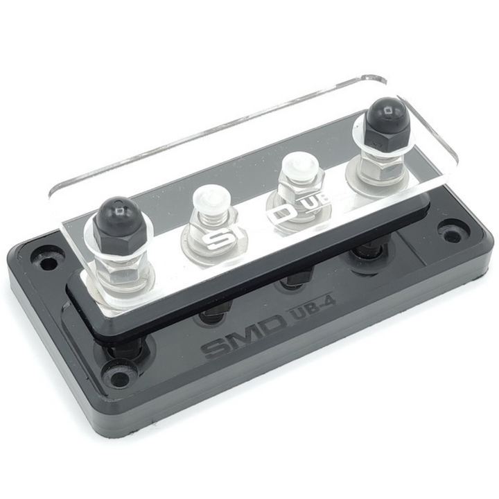 Bloque de distribución SMD UB-4 de 4 puntos con herrajes de acero inoxidable/aluminio y cubierta acrílica transparente - Fabricado en EE. UU.