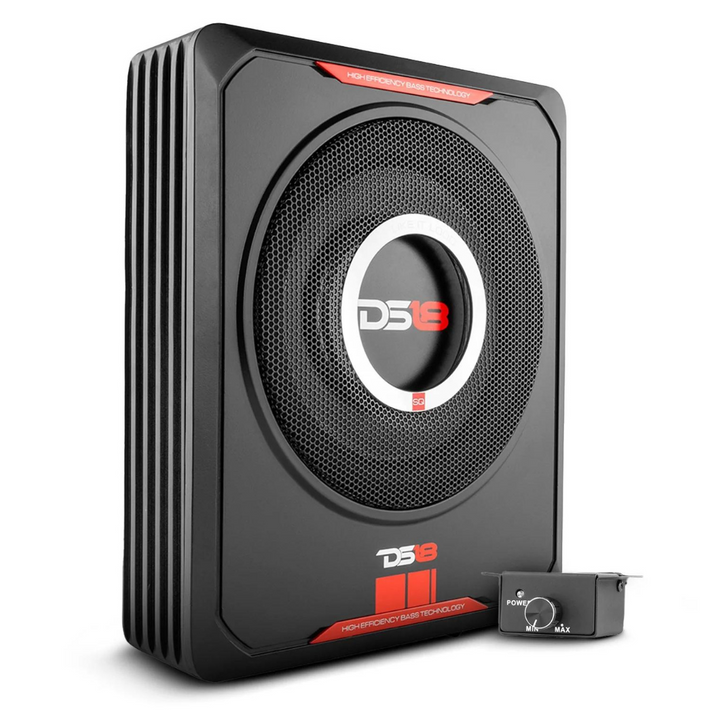 DS18 SQBASS Caja de subwoofer amplificada para debajo del asiento de 8" con perilla de graves con cable - 150 vatios Rms 2 ohmios