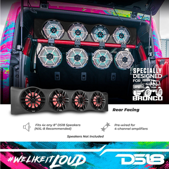 Ford Bronco 2021 en adelante, 6ta generación, 4 puertas - Barra de sonido superior trasera DS18 - Se adapta a 4 tweeters de 8", 2 de 6.5" y 2 de 3.78"