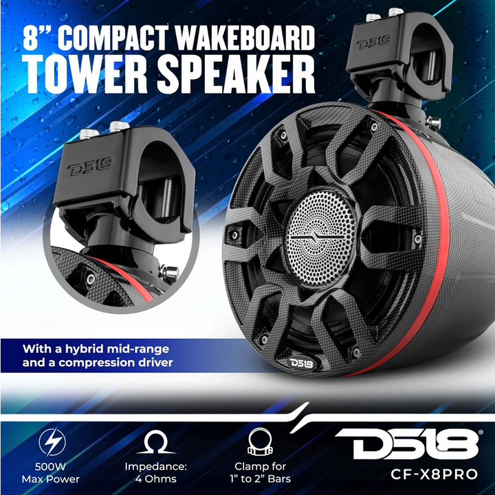 DS18 CF-X8PRO Altavoces tipo torre de fibra de carbono de 8" con controladores de bocina incorporados y luces LED RGB - 250 vatios Rms 4 ohmios