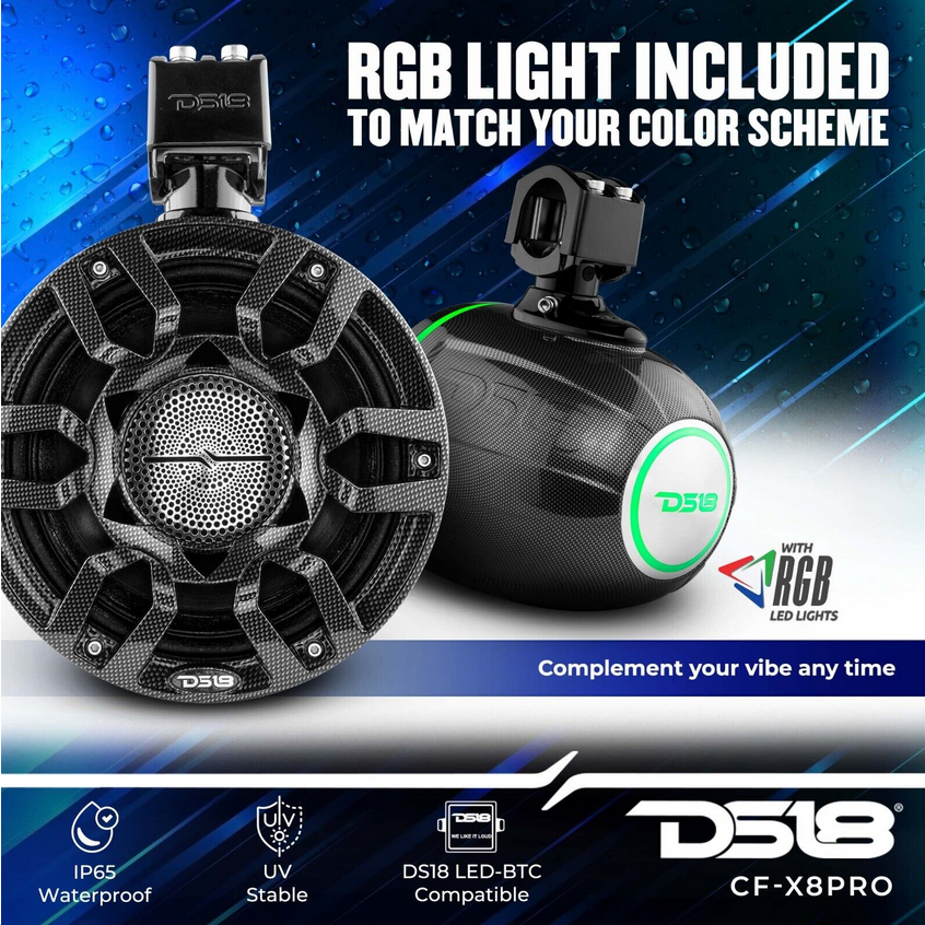DS18 CF-X8PRO Altavoces tipo torre de fibra de carbono de 8" con controladores de bocina incorporados y luces LED RGB - 250 vatios Rms 4 ohmios