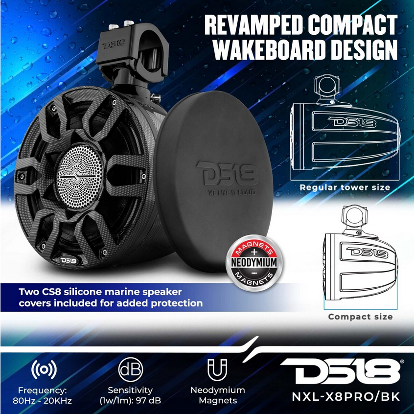 DS18 CF-X8PRO Altavoces tipo torre de fibra de carbono de 8" con controladores de bocina incorporados y luces LED RGB - 250 vatios Rms 4 ohmios