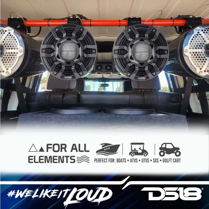 DS18 CF-X8PRO Altavoces tipo torre de fibra de carbono de 8" con controladores de bocina incorporados y luces LED RGB - 250 vatios Rms 4 ohmios