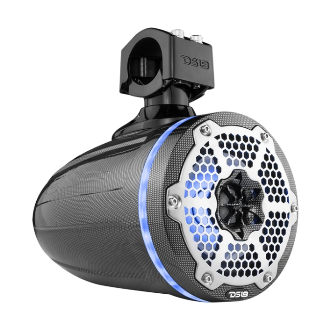 DS18 CF-X8TP 8" Carbon Fiber Marine Tower Speaker Pods with Built-in RGB LED Lights - 125 Watts Rms 4-ohm