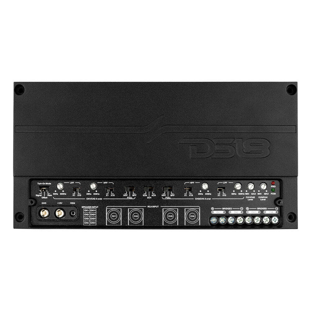 Amplificador Clase D DS18 Deluxe DX4 de 4 canales - 4 x 150 vatios Rms a 4 ohmios