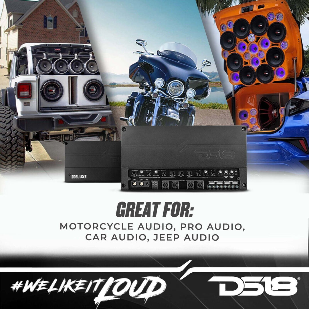 Amplificador Clase D DS18 Deluxe DX4 de 4 canales - 4 x 150 vatios Rms a 4 ohmios