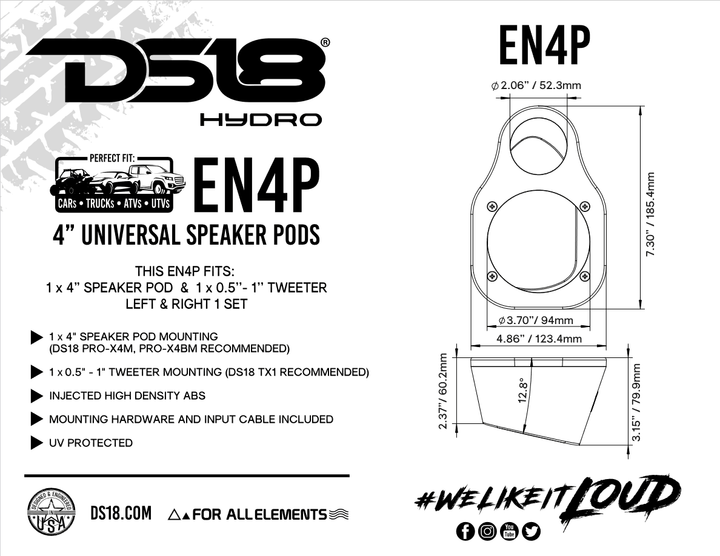 DS18 EN4P Universal 2-Way Speaker Pod Enclosures - Fits 2x 4" Mid-Range Speakers & 2x Tweeters