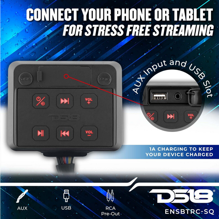 Controlador de transmisión de audio marino DS18 ENSBTRC-SQ con carcasa y Bluetooth, entrada auxiliar, reproductor USB