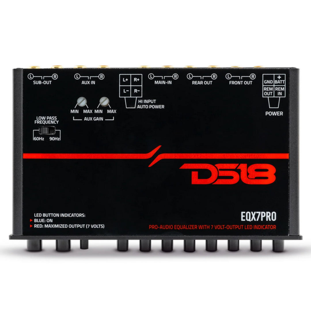 DS18 EQX7PRO 7-Band Graphic Equalizer with Built-in Auto Turn-on, High Level Inputs and Clip Indicator Lights