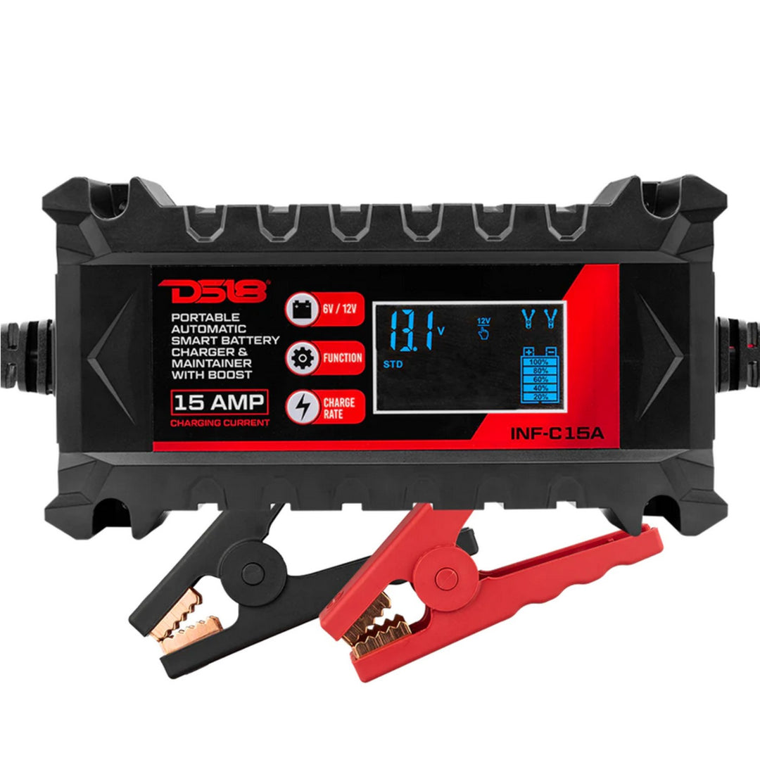 DS18 INF-C15A 6 o 12 voltios Smart 15A Mantenedor y cargador de batería - Compatible con plomo-ácido, húmedo, gel, AGM y litio (LiFePO4)