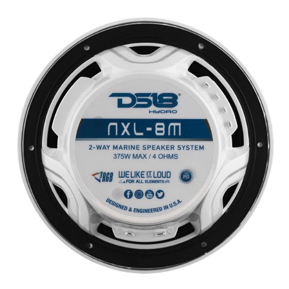 DS18 NXL-8M/WH 8" Marine Coaxial Speakers with Built-in Tweeters and RGB LED Lights - 125 Watts Rms 4-ohm
