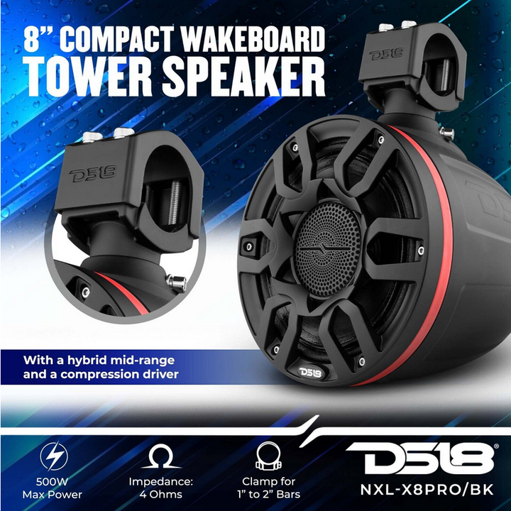 DS18 NXL-X8PRO/BK 8" Pro-Audio Tower Speakers with Built-in Horn Drivers and RGB LED Lights - 250 Watts Rms 4-ohm
