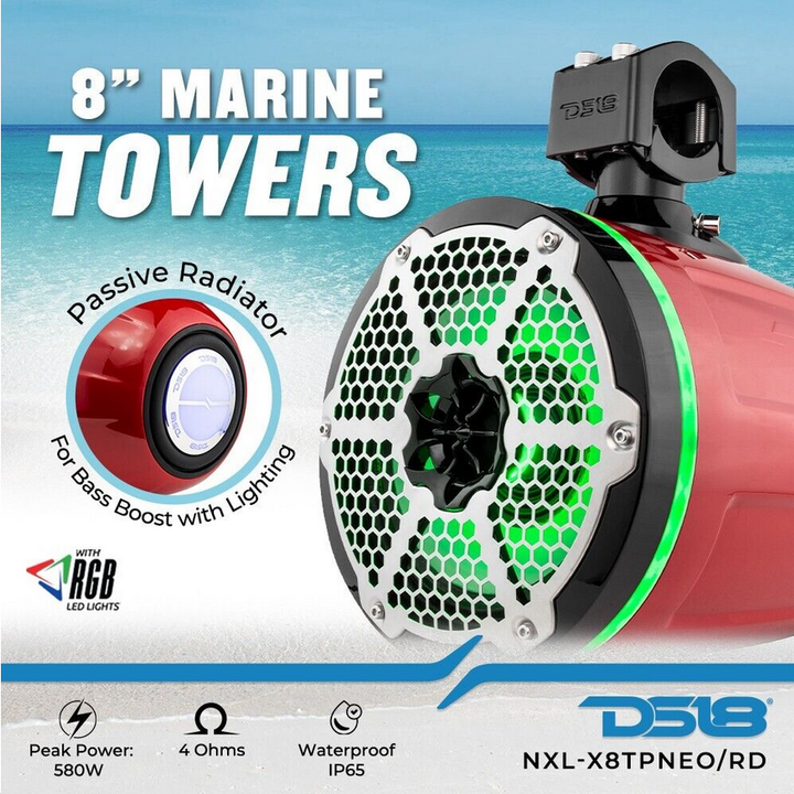 2007-2018 Jeep Wrangler JK & JKU - DS18 Mounting Tube with 4x NXL-X8TP 8" Red Tower Speakers - 125 Watts Rms 4-ohm