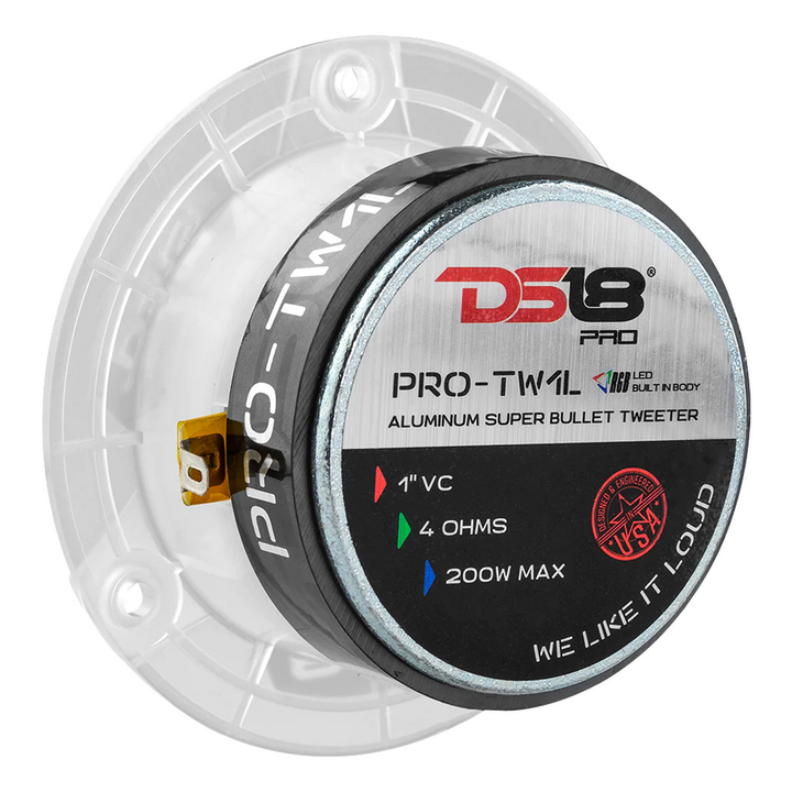 DS18 PRO-TW1L Súper tweeters tipo bala de compresión de 3,8" con bobina móvil de aluminio de 1" y LED RGB - 120 vatios Rms 4 ohmios