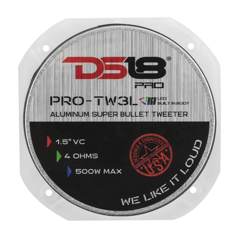 DS18 PRO-TW3L Súper tweeter tipo bala de compresión de 4" con bobina móvil de titanio de 1,5" y LED RGB - 250 vatios Rms 4 ohmios