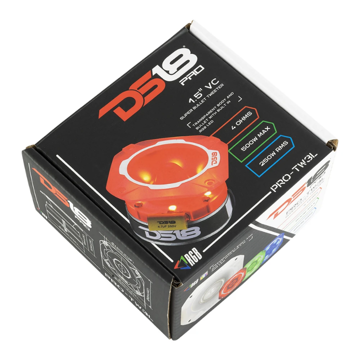 DS18 PRO-TW3L Súper tweeter tipo bala de compresión de 4" con bobina móvil de titanio de 1,5" y LED RGB - 250 vatios Rms 4 ohmios