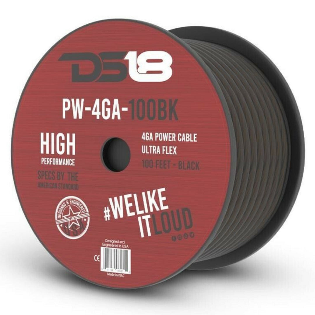 DS18 PW-4GA-100BK 4 Gauge Copper Clad Aluminum Power or Ground Wire - 100 Foot Roll