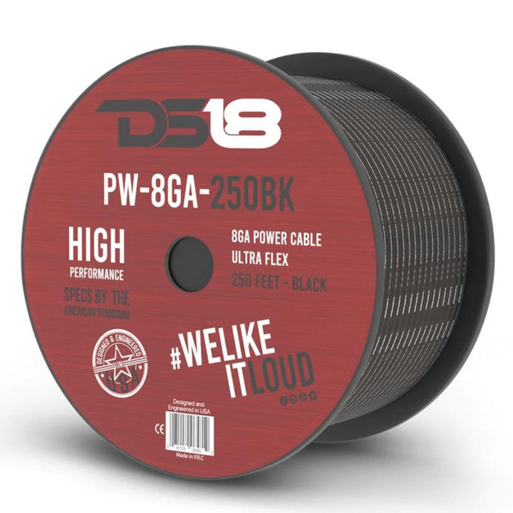 DS18 PW-8GA-100BK Cable de alimentación o de tierra de aluminio revestido de cobre calibre 8 - Rollo de 100 pies