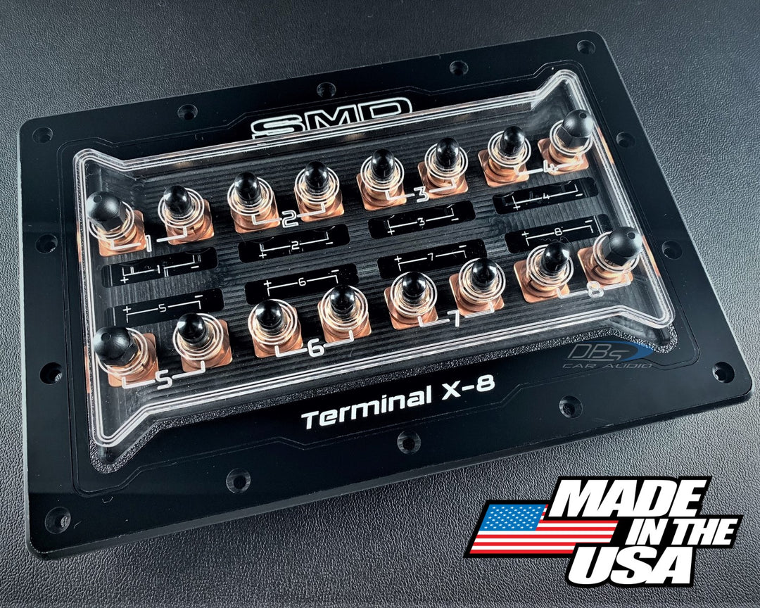 SMD TX-8 8-Channel Speaker Box Terminal Plate with Oxygen-free Copper Hardware and Clear Acrylic Cover - Made in the USA
