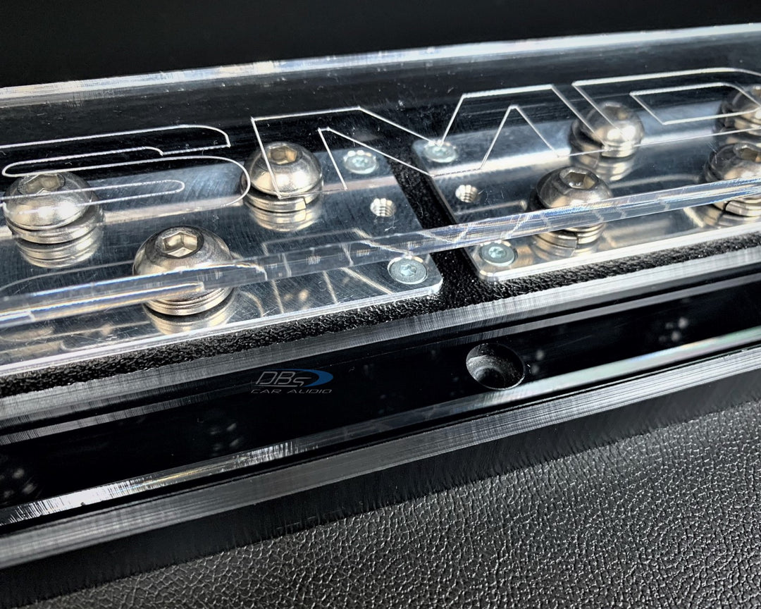 Bloque de distribución SMD Split de 12 puntos con herrajes de aluminio pulido y cubierta acrílica transparente, fabricado en EE. UU.