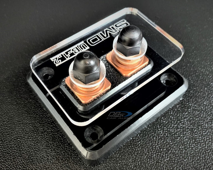 Bloque de distribución SMD UB-1.2 de 2 puntos divididos con herrajes de cobre sin oxígeno y cubierta acrílica transparente, fabricado en EE. UU.