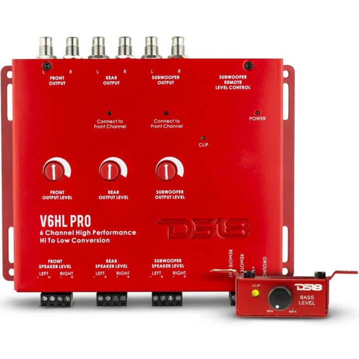 Convertidor de salida de línea DS18 V6HLPRO de 6 canales con detección de señal, encendido remoto, luces LED de clip y perilla de control de graves