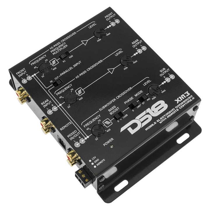 Crossover activo de 3 vías DS18 XM3 con seis salidas Rca de 9 voltios y perilla de control de nivel de subwoofer