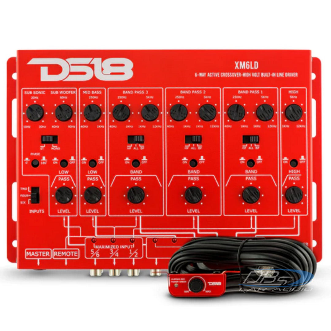 DS18 XM6LD Crossover activo de 6 vías con doce salidas Rca máximas de 11,5 voltios y perilla de control de nivel de subwoofer