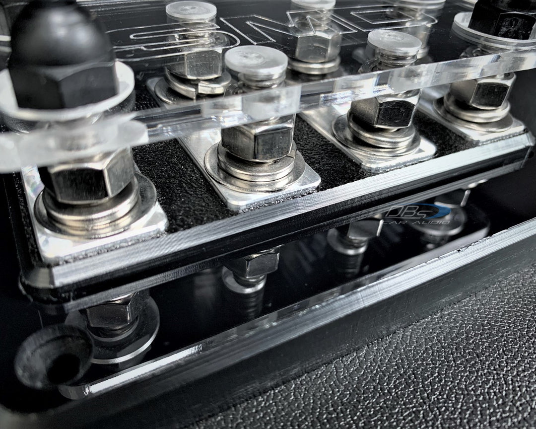 Bloque de distribución de terminales de subwoofer SMD DCL 4.2 de 4 ranuras con herrajes de aluminio pulido y cubierta acrílica transparente