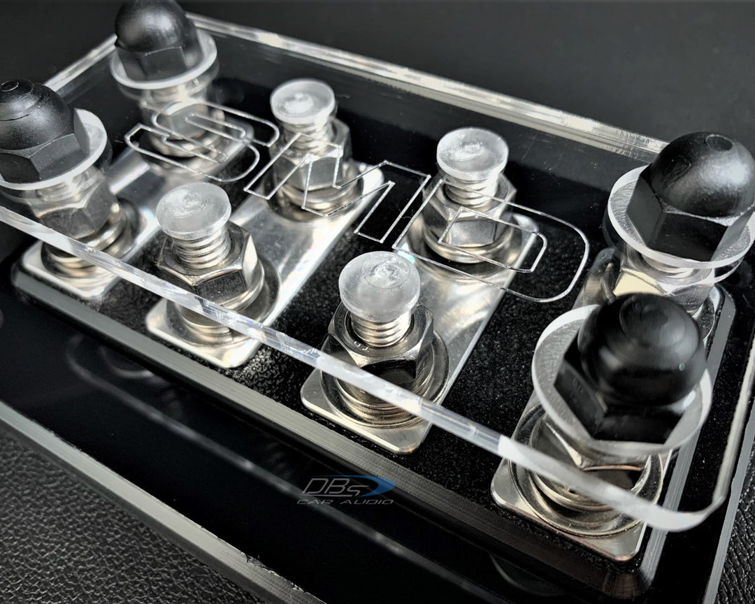 Bloque de distribución de terminales de subwoofer SMD DCL 4.2 de 4 ranuras con herrajes de aluminio pulido y cubierta acrílica transparente