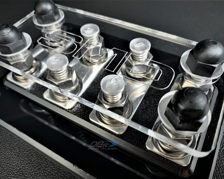 Bloque de distribución de terminales de subwoofer SMD DCL 4.2 de 4 ranuras con herrajes de aluminio pulido y cubierta acrílica transparente