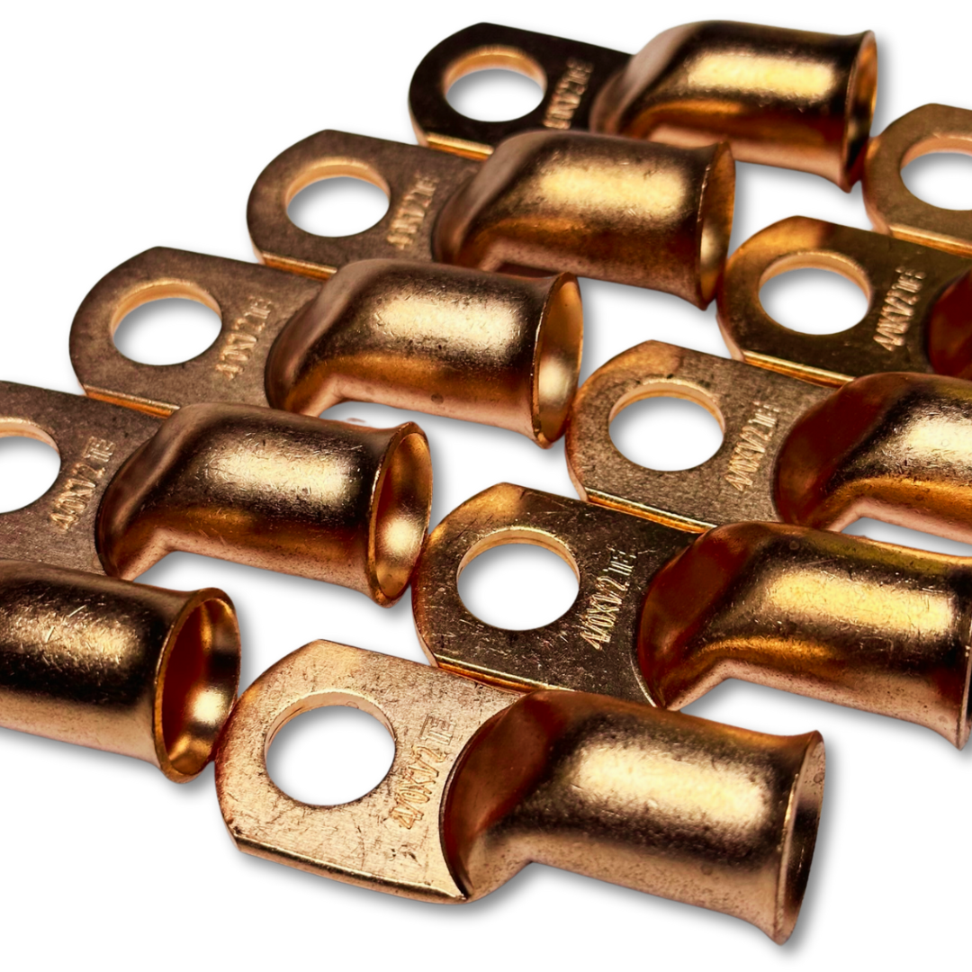 Terminales de anillo de cobre 100% OFC calibre 4/0 con orificio de 1/2" - DBs rojo y negro termorretráctil para audio de automóvil - 20 piezas