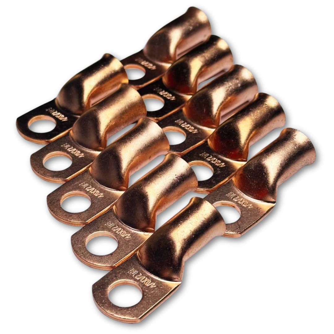 Terminales de anillo de cobre 100% OFC calibre 4/0 con orificio de 1/2" - DBs rojo y negro termorretráctil para audio de automóvil - 20 piezas