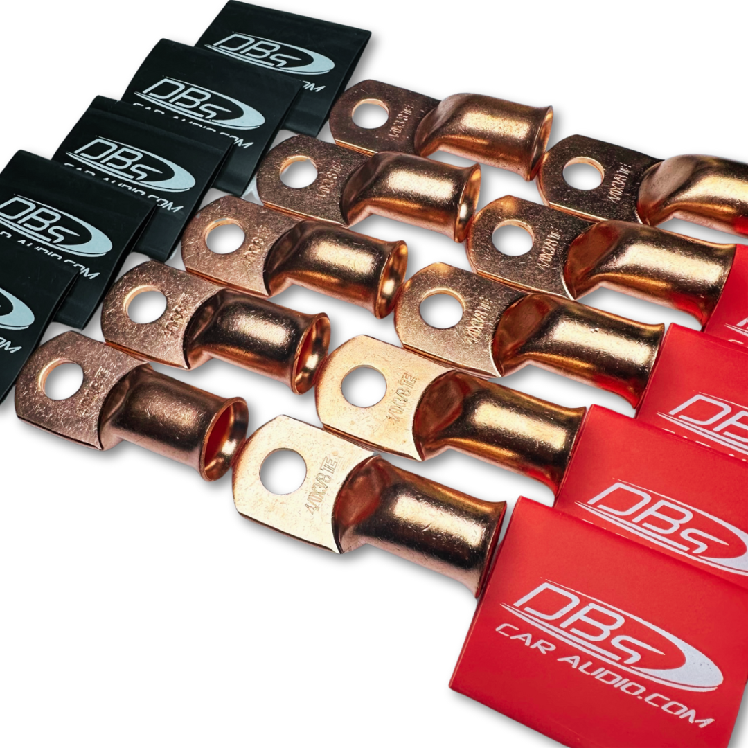 Terminales de anillo de cobre 100% OFC calibre 4/0 con orificio de 3/8" - DBs rojo y negro termorretráctil para audio de automóvil - 20 piezas