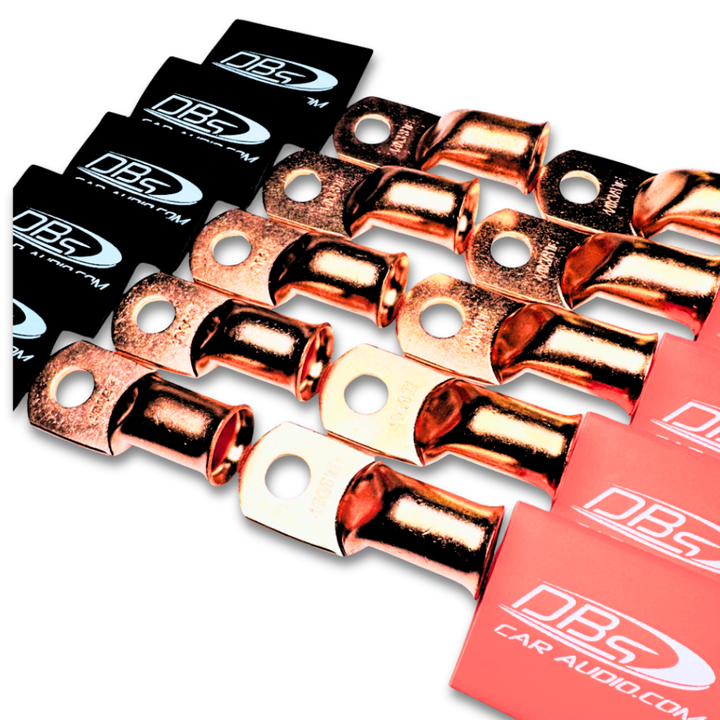Terminales de anillo de cobre 100% OFC calibre 4/0 con orificio de 3/8" - DBs rojo y negro termorretráctil para audio de automóvil - 20 piezas