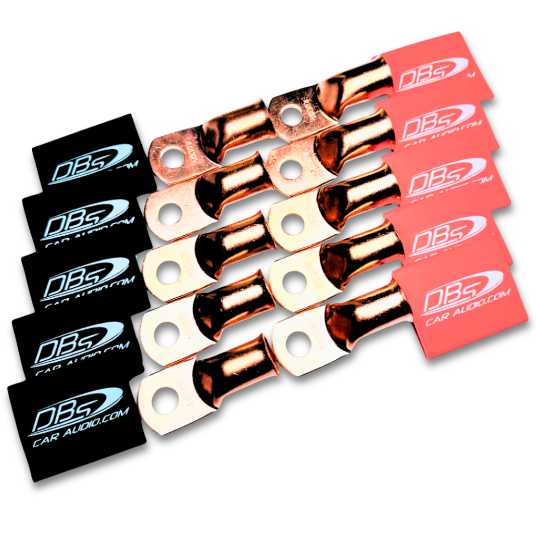 Terminales de anillo de cobre 100% OFC calibre 4/0 con orificio de 3/8" - DBs rojo y negro termorretráctil para audio de automóvil - 20 piezas