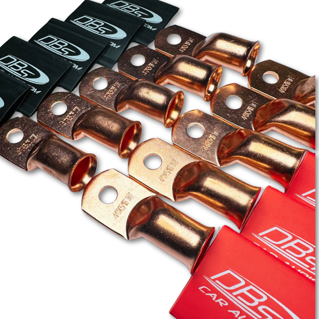 Terminales de anillo de cobre 100% OFC calibre 4/0 con orificio de 5/16" - DBs rojo y negro termorretráctil para audio de automóvil - 20 piezas