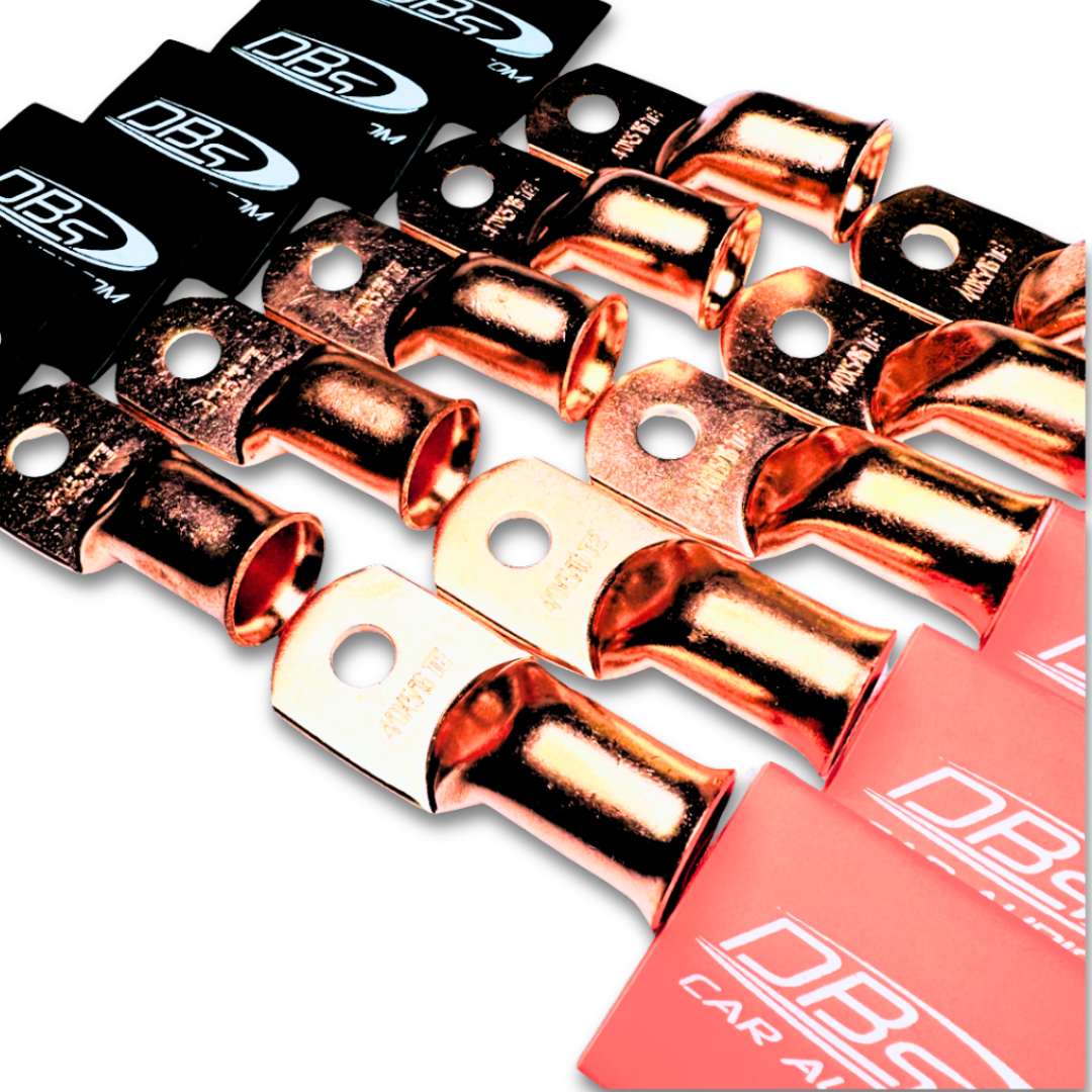 Terminales de anillo de cobre 100% OFC calibre 4/0 con orificio de 5/16" - DBs rojo y negro termorretráctil para audio de automóvil - 20 piezas