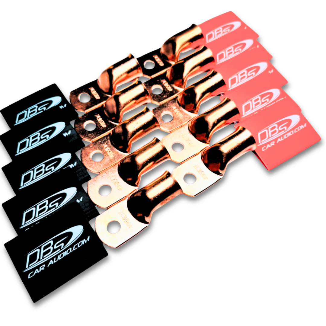 Terminales de anillo de cobre 100% OFC calibre 4/0 con orificio de 5/16" - DBs rojo y negro termorretráctil para audio de automóvil - 20 piezas