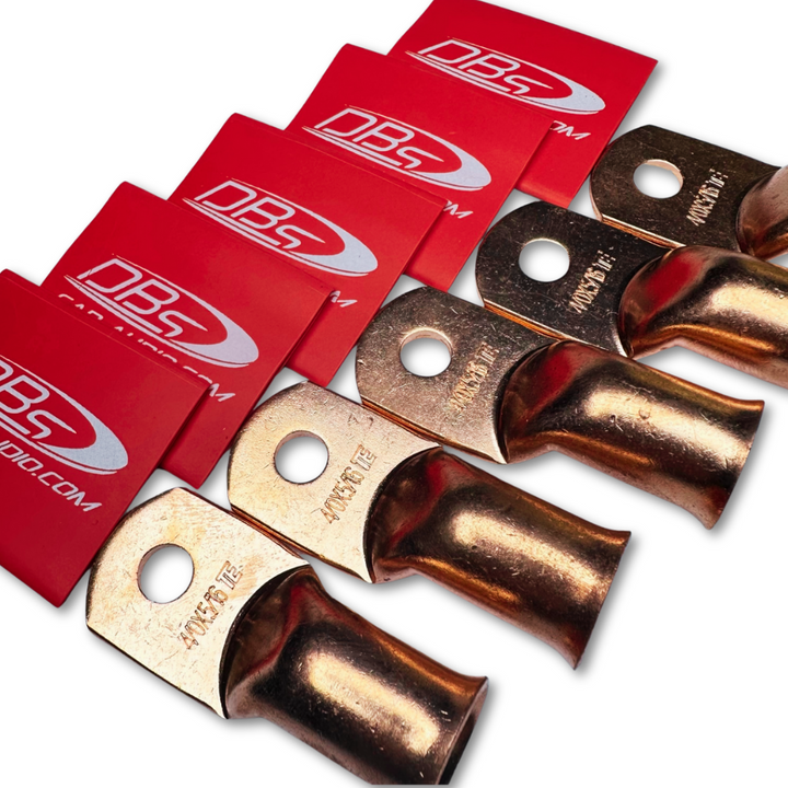 Terminales de anillo de cobre 100% OFC calibre 4/0 con orificio de 5/16" - Termocontraíble para audio de automóvil DBs rojo - 10 piezas