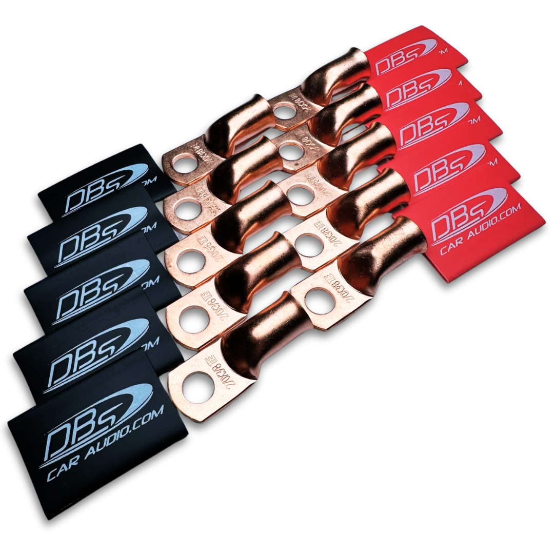 2/0 Gauge 100% OFC Copper Ring Terminal Lugs with 3/8" Hole - Red & Black DBs Car Audio Heat Shrink - 20 Pieces