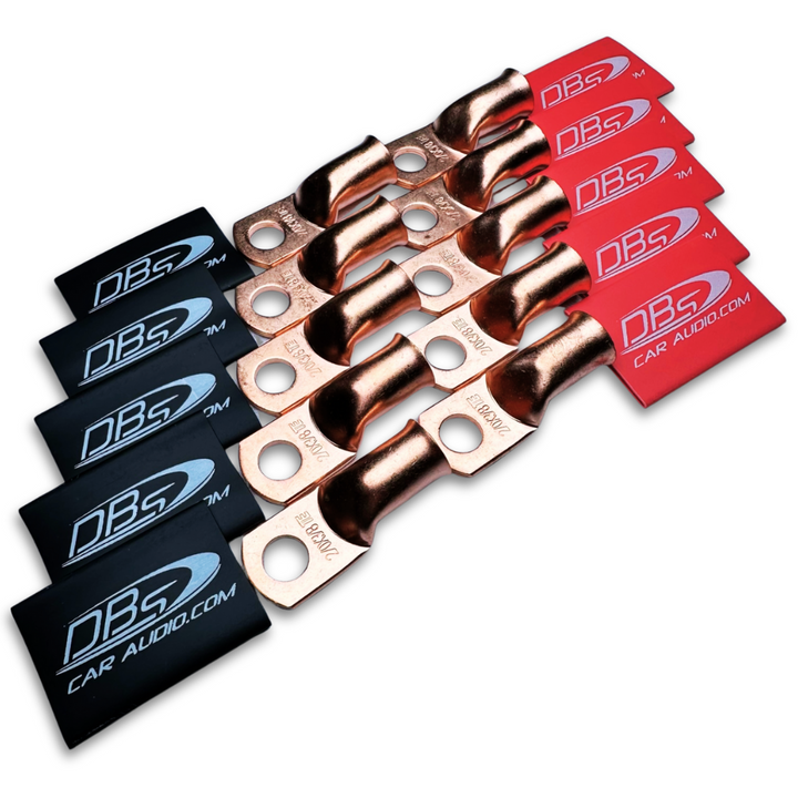 2/0 Gauge 100% OFC Copper Ring Terminal Lugs with 3/8" Hole - Red & Black DBs Car Audio Heat Shrink - 20 Pieces