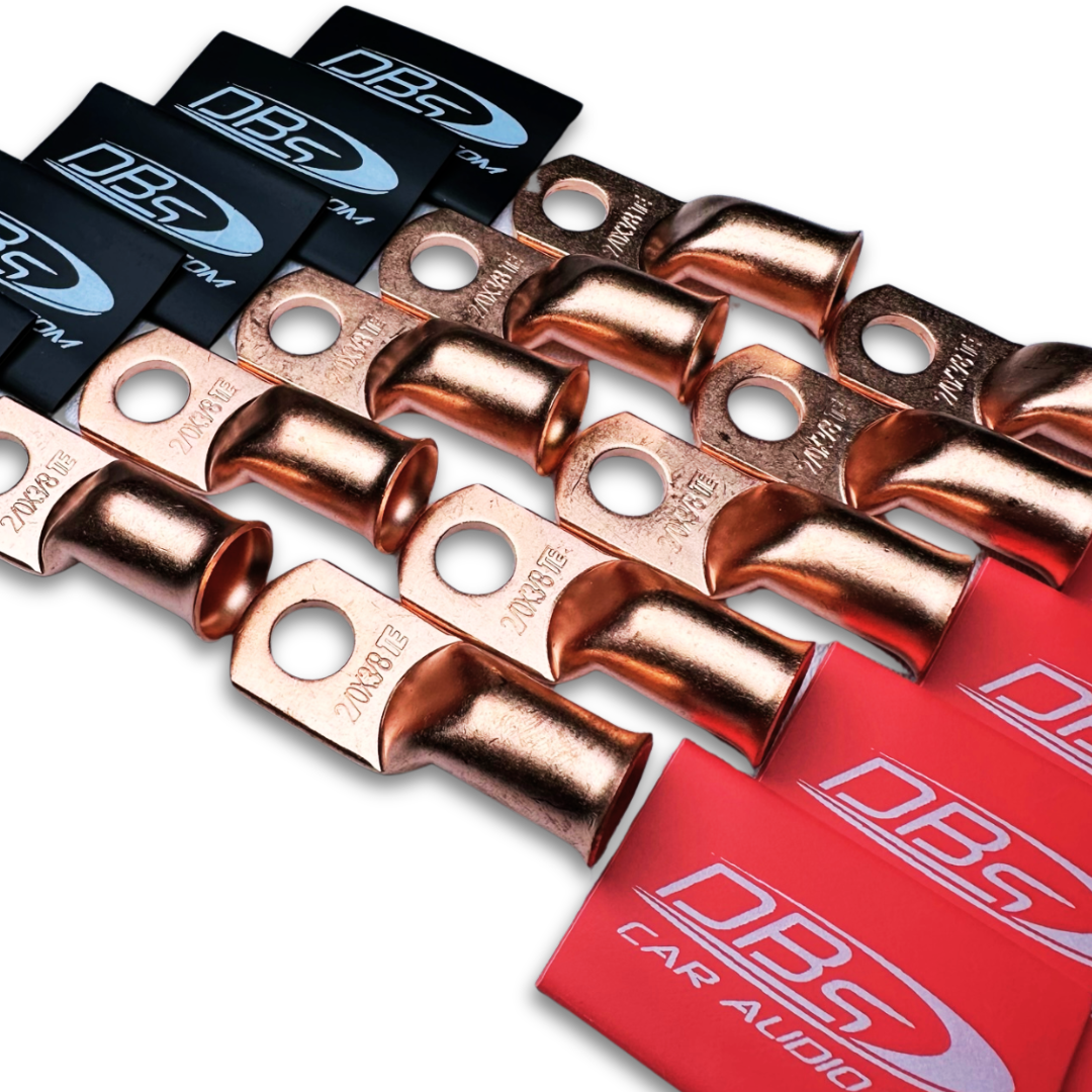 2/0 Gauge 100% OFC Copper Ring Terminal Lugs with 3/8" Hole - Red & Black DBs Car Audio Heat Shrink - 20 Pieces