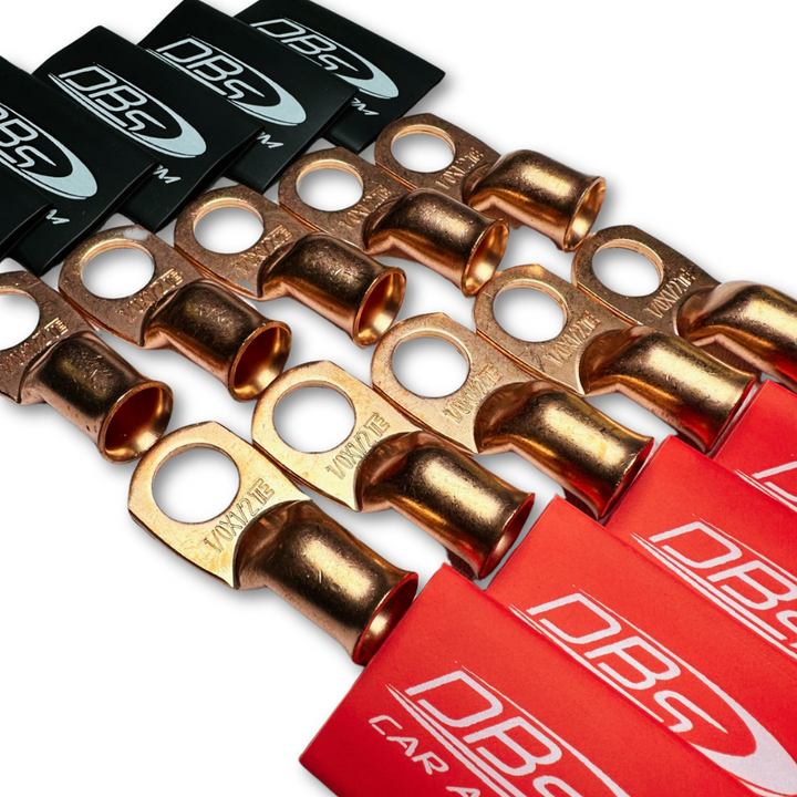 Terminales de anillo de cobre 100% OFC calibre 1/0 con orificio de 1/2" - DBs rojo y negro termorretráctil para audio de automóvil - 20 piezas