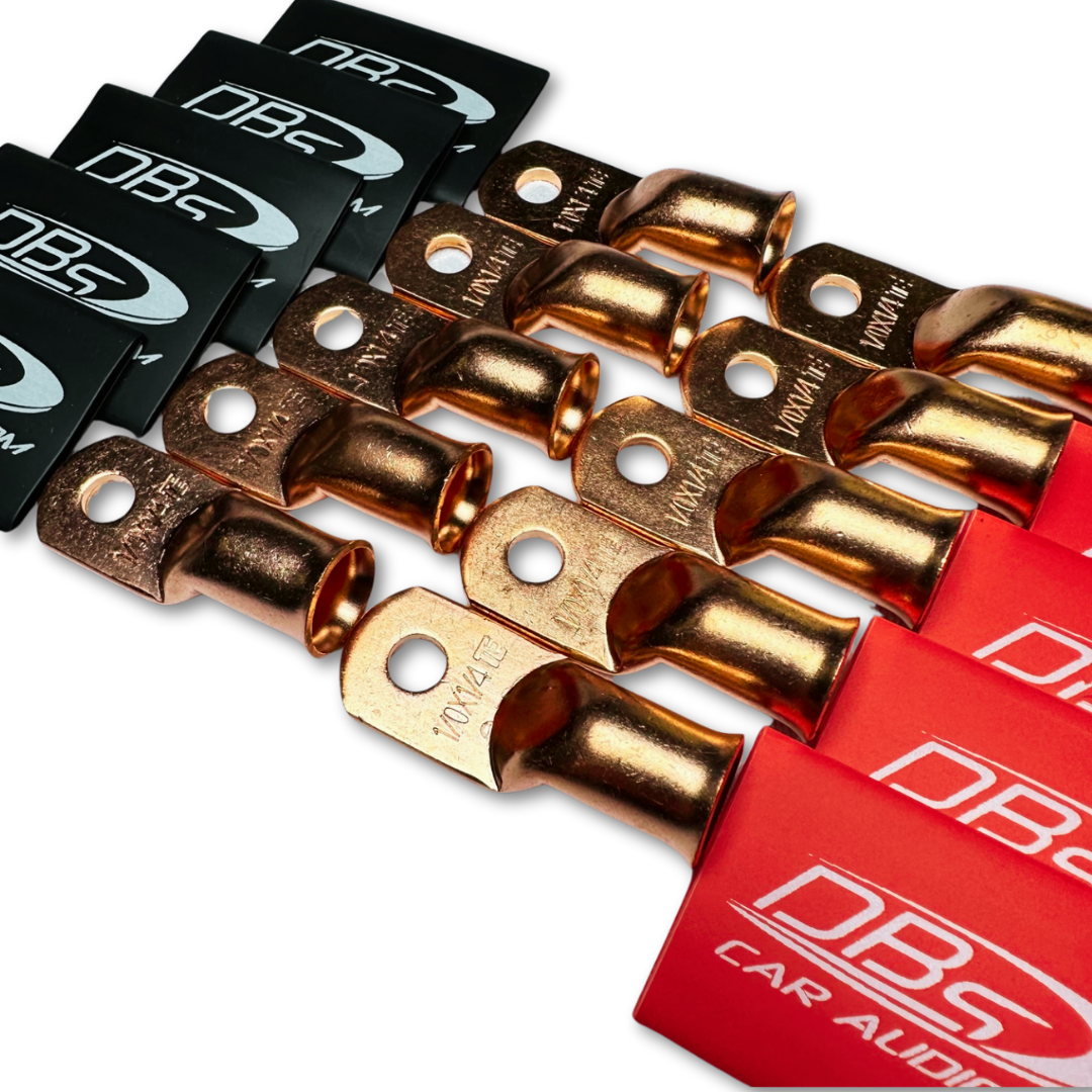 Terminales de anillo de cobre 100% OFC calibre 1/0 con orificio de 1/4" - DBs rojo y negro termorretráctil para audio de automóvil - 20 piezas