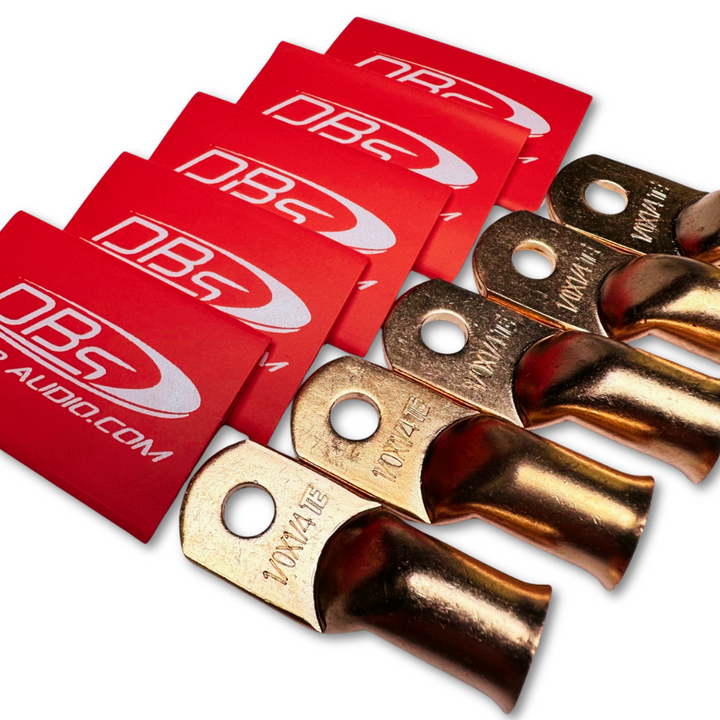 Terminales de anillo de cobre 100% OFC calibre 1/0 con orificio de 1/4" - Termocontraíble para audio de automóvil DBs rojo - 10 piezas