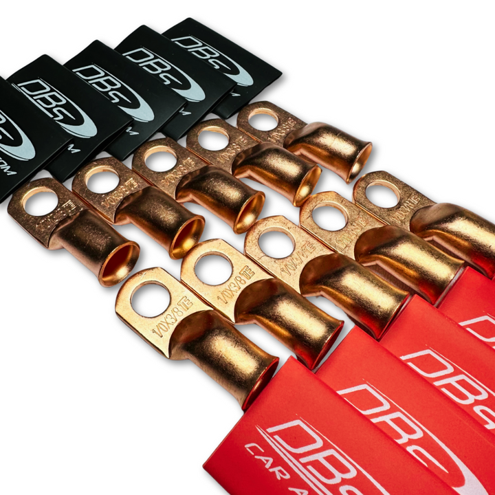 Terminales de anillo de cobre 100% OFC calibre 1/0 con orificio de 3/8" - DBs rojo y negro termorretráctil para audio de automóvil - 20 piezas