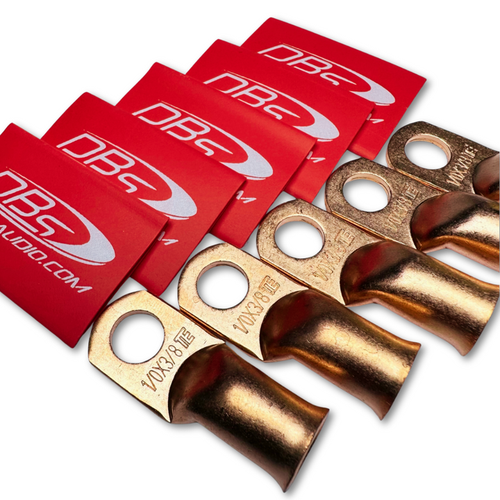 Terminales de anillo de cobre 100% OFC calibre 1/0 con orificio de 3/8" - Termocontraíble para audio de automóvil DBs rojo - 10 piezas
