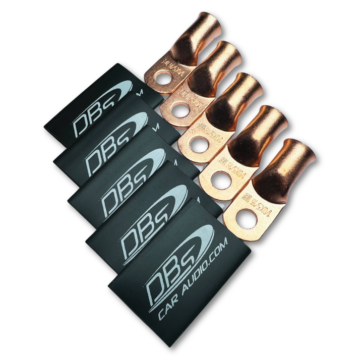 Terminales de anillo de cobre 100% OFC calibre 1/0 con orificio de 5/16" - Termocontraíble para audio de automóvil DBs negro - 10 piezas